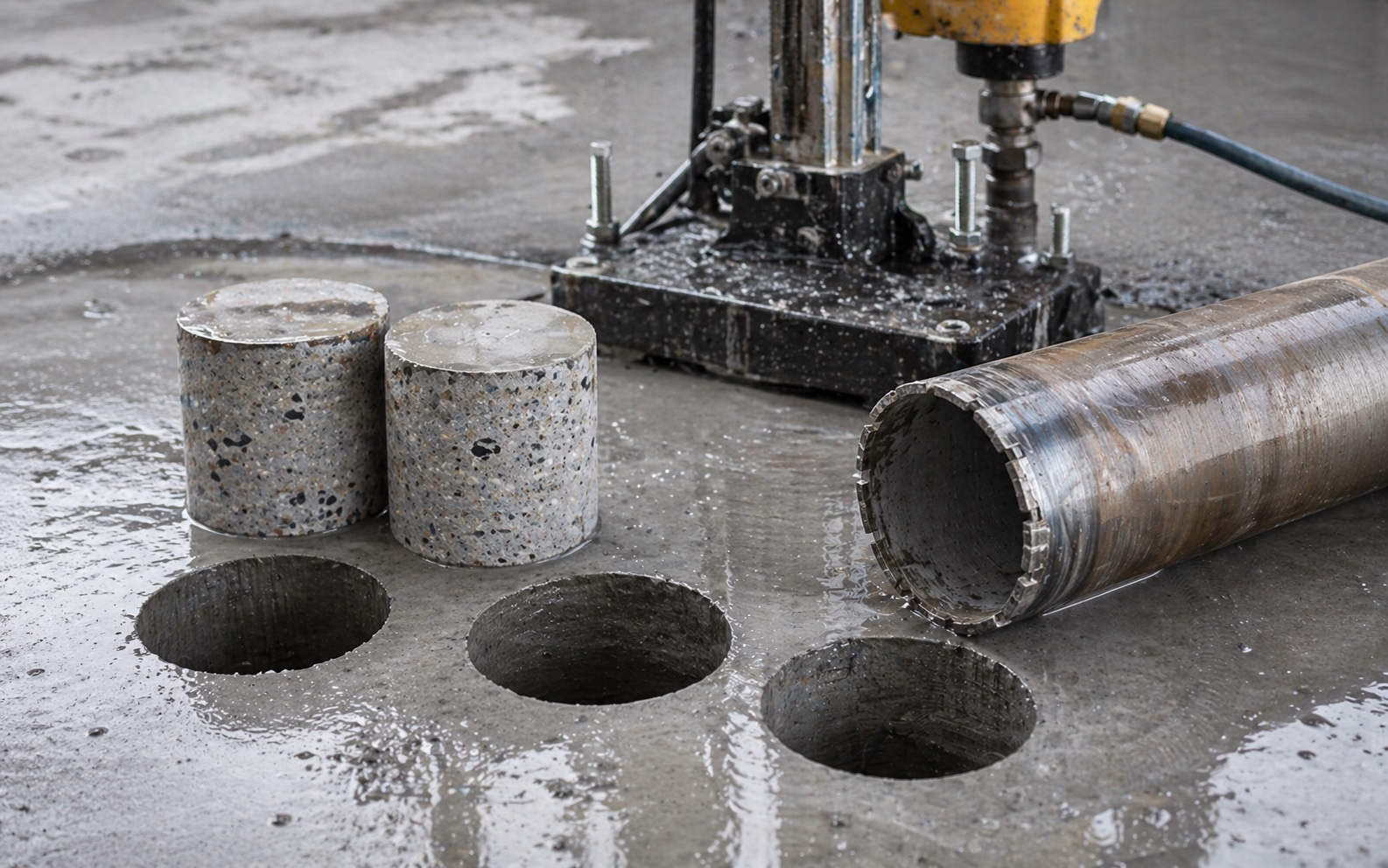 Three drilled holes in a concrete slab with extracted cores stood alongside, water and slurry on the slab