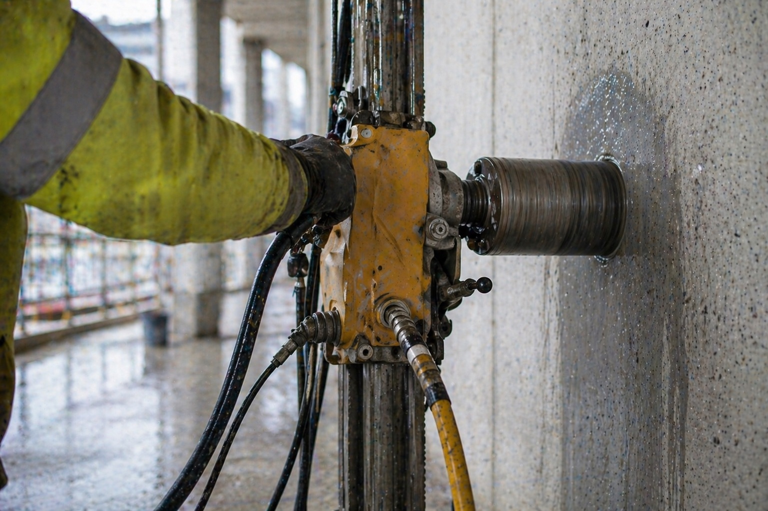 Operator drilling a diamond core through a wall on a tower-edge construction site